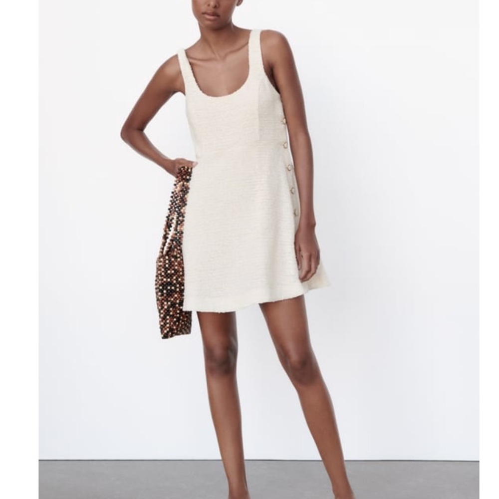 Zara Knit Textured Mini Dress, Ecru, Size S